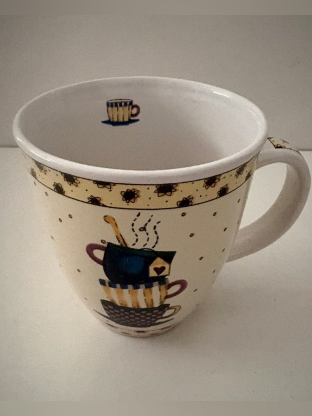 Ceramic Stacked Teacup Mug in Cream and Blue - Brand: